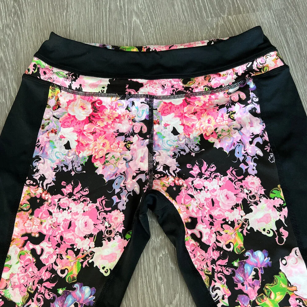 Cynthia Rowley Leggings Womens Small Cropped Activewear Floral Black Pink - Image 4