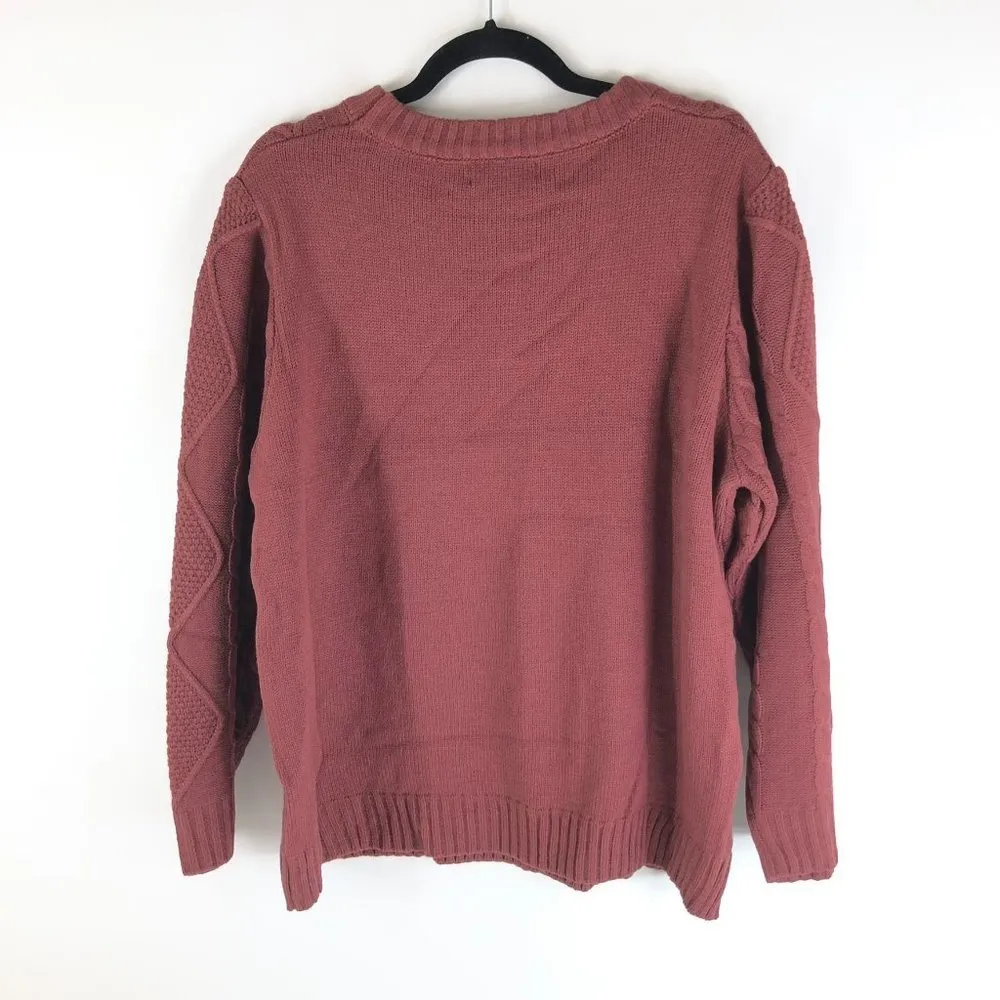 Bloomchic Pointelle Knit Round Neck Geometric Cable Knit Sweater Burgundy 12 - Image 8
