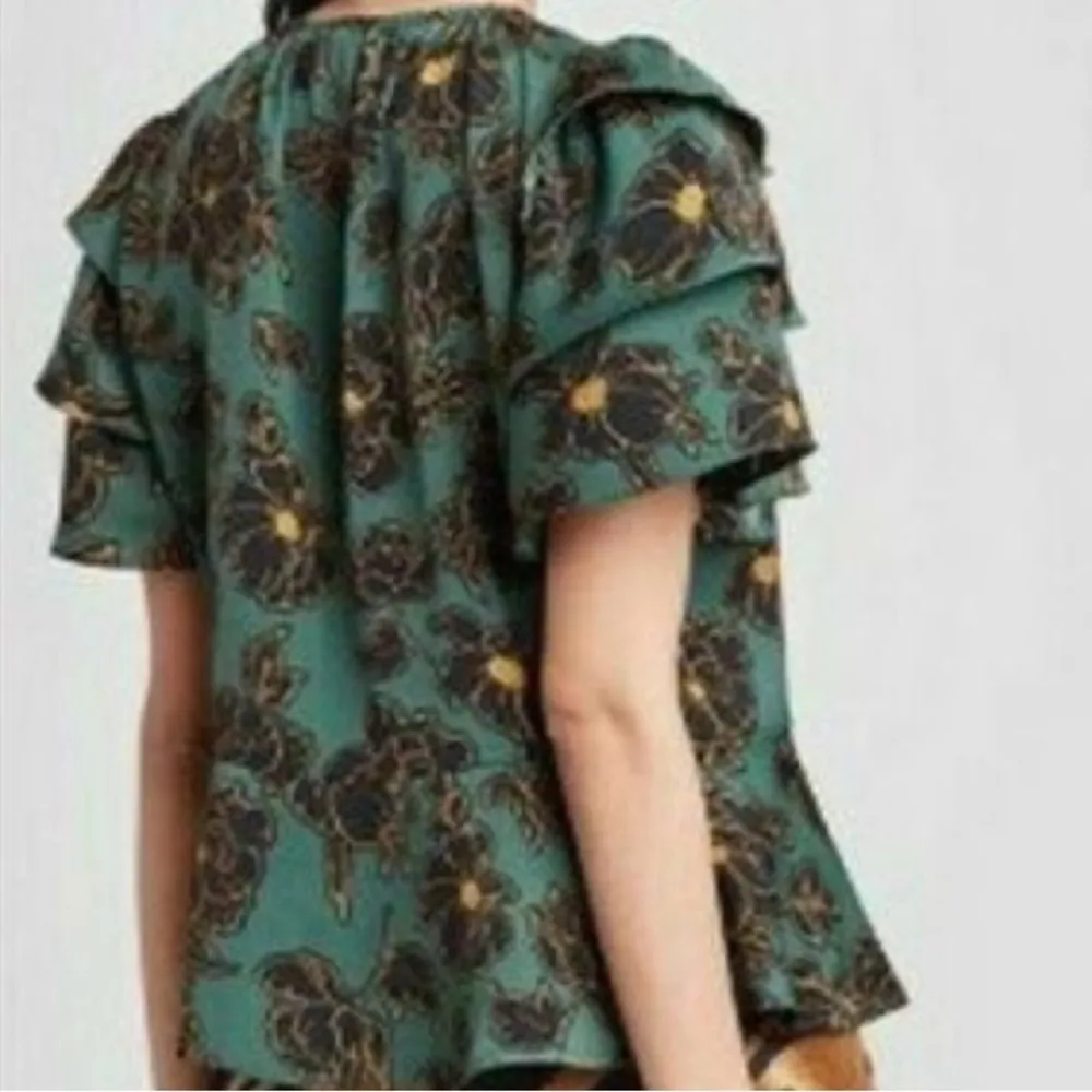 Who What Wear shirt Royal Blooms Ruffle Sleeve Peplum Top Green‎ xs - Image 7