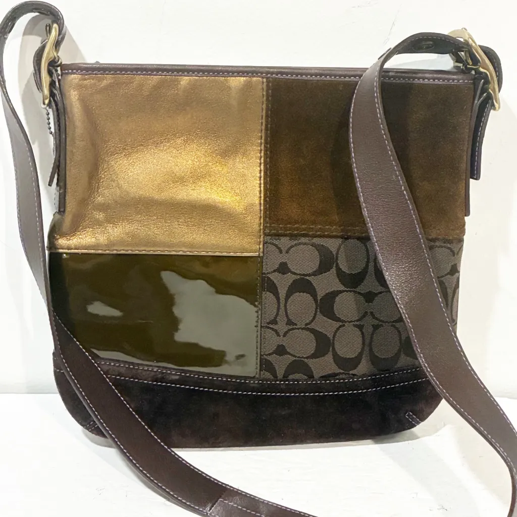 Vintage Coach Signature F10421 Patchwork Crossbody Shoulder Bag Brown Suede - Image 6