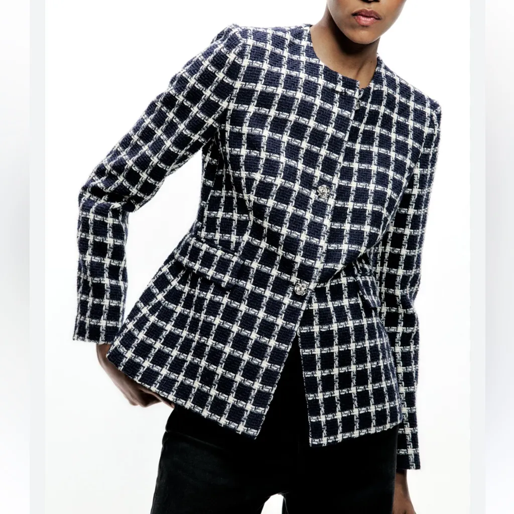 ZARA Tweed‎ Preppy Knot Button Blazer Jacket Size Large - Image 2