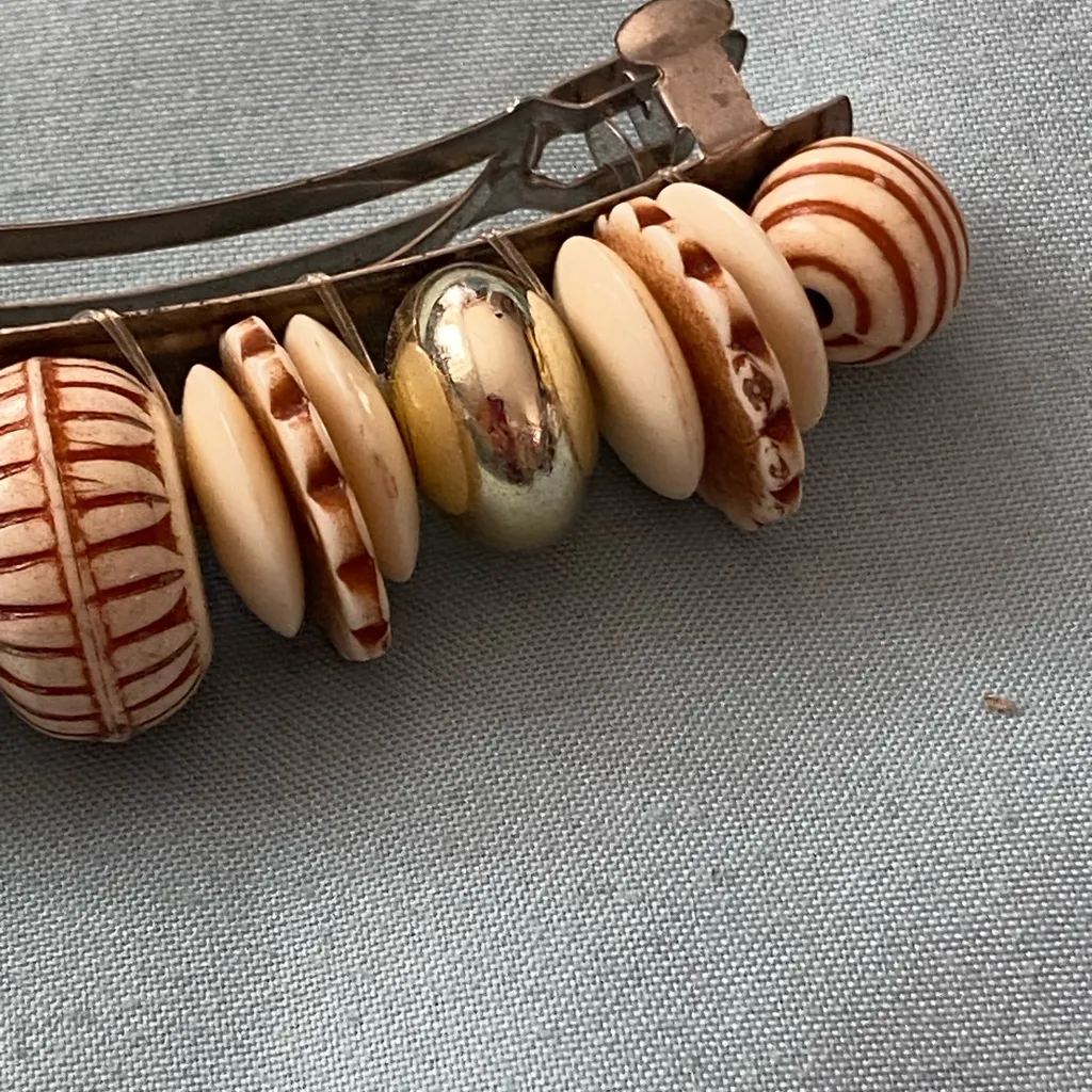 Vintage Beaded Hair Barrette Beige White Silver Tan Brown Beads 3” Long - Image 3