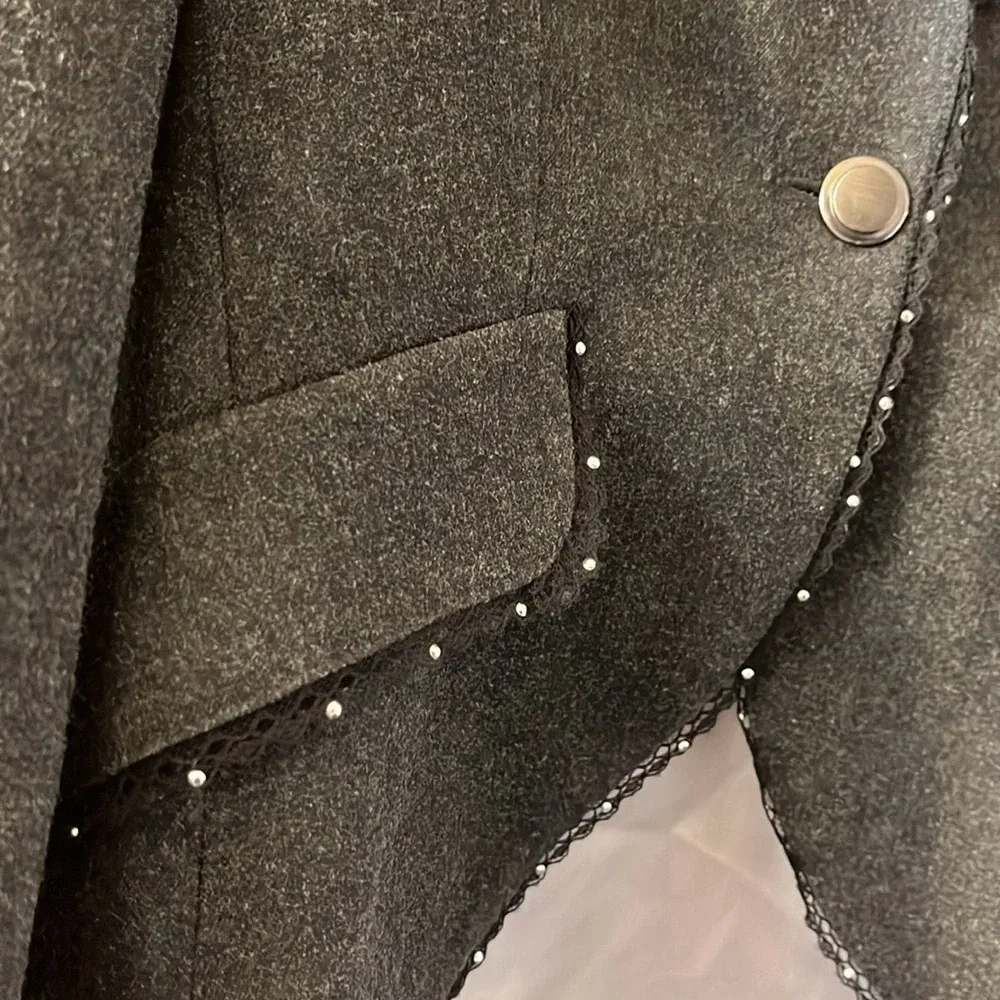 Joseph Ribhoff Size 6 Vintage Charcoal Gray Lace Gem Detail‎ Blazer - Image 6