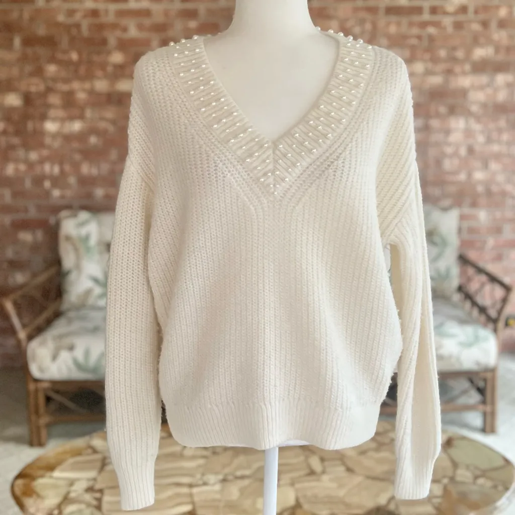 WHBM Sweater Pearl V-Neckline Ivory Chunky Knit Dolman Sleeve S Elegant Chic - Image 4