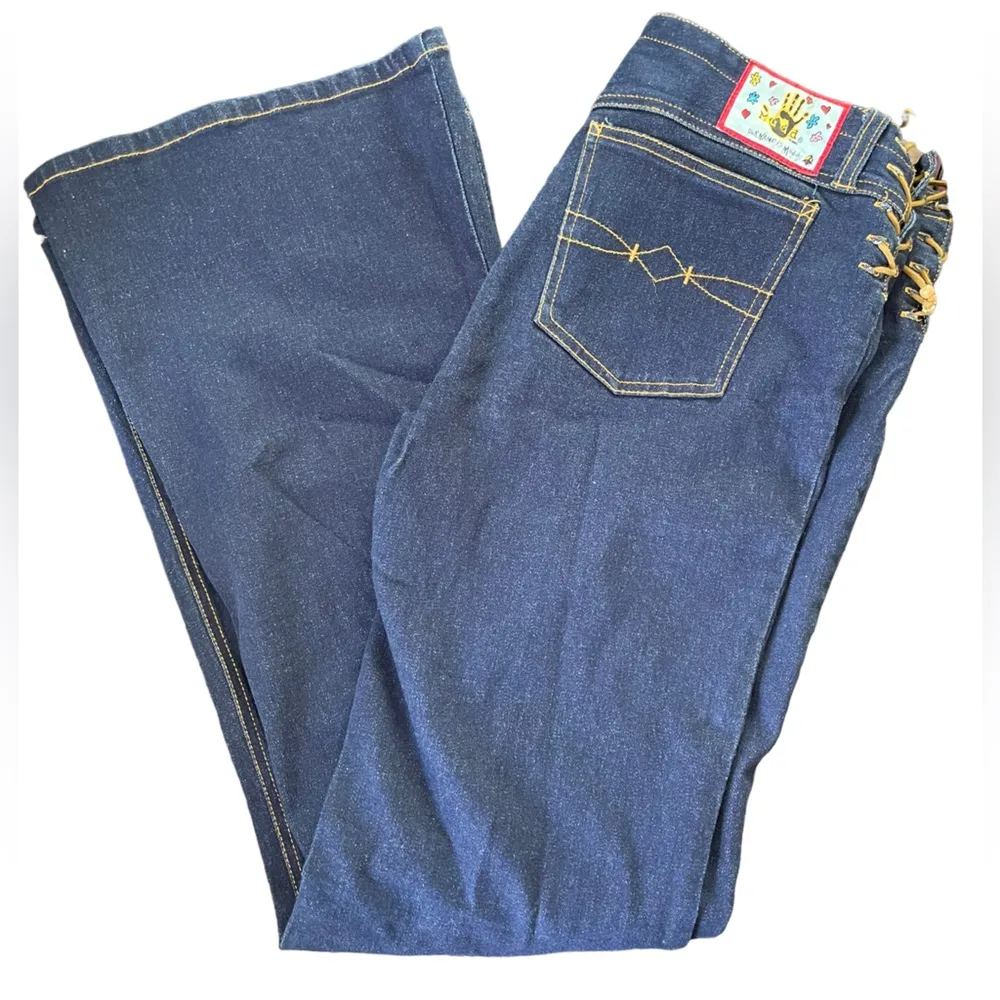 Mudd Vintage Y2K Blue Corset Lace Up Tie Sides Stretch Hippie Flare Denim Jeans - Image 8