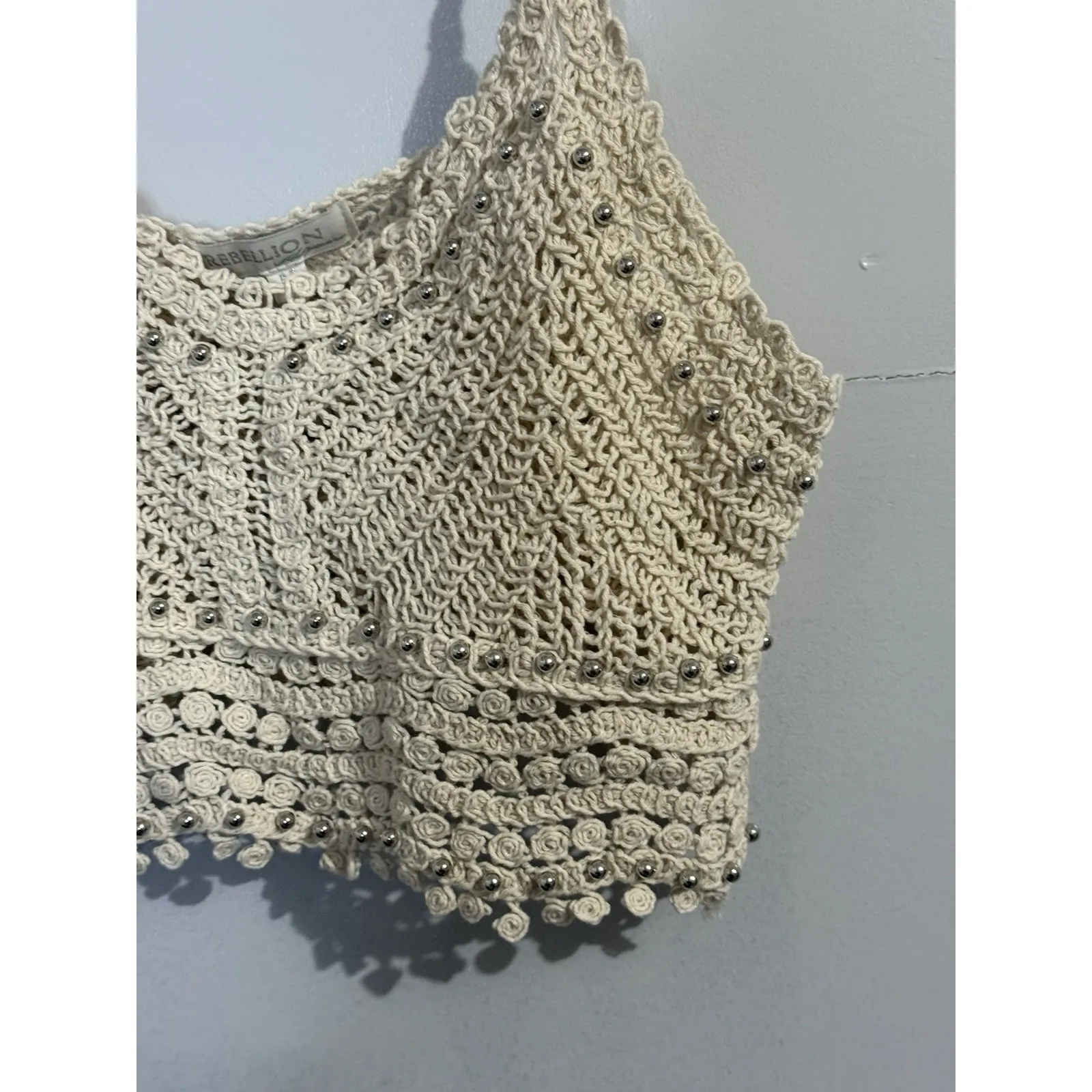 Rebellion Again Women's Cream Crochet Crop Top Festival Bead Detail Size M - Image 2