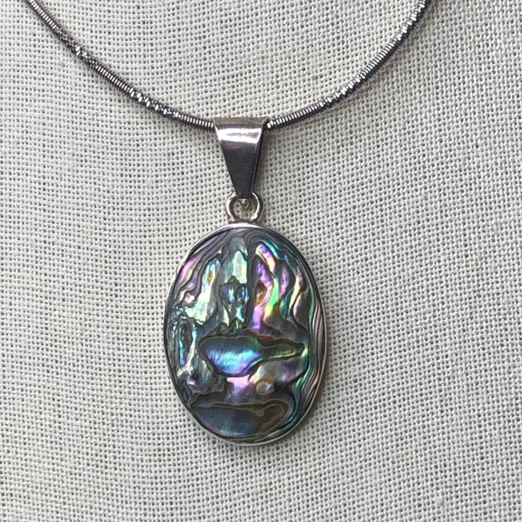 Vintage Oval Abalone Cabochon Pendant On Sterling Silver Snake Chain Necklace Purple - Image 12
