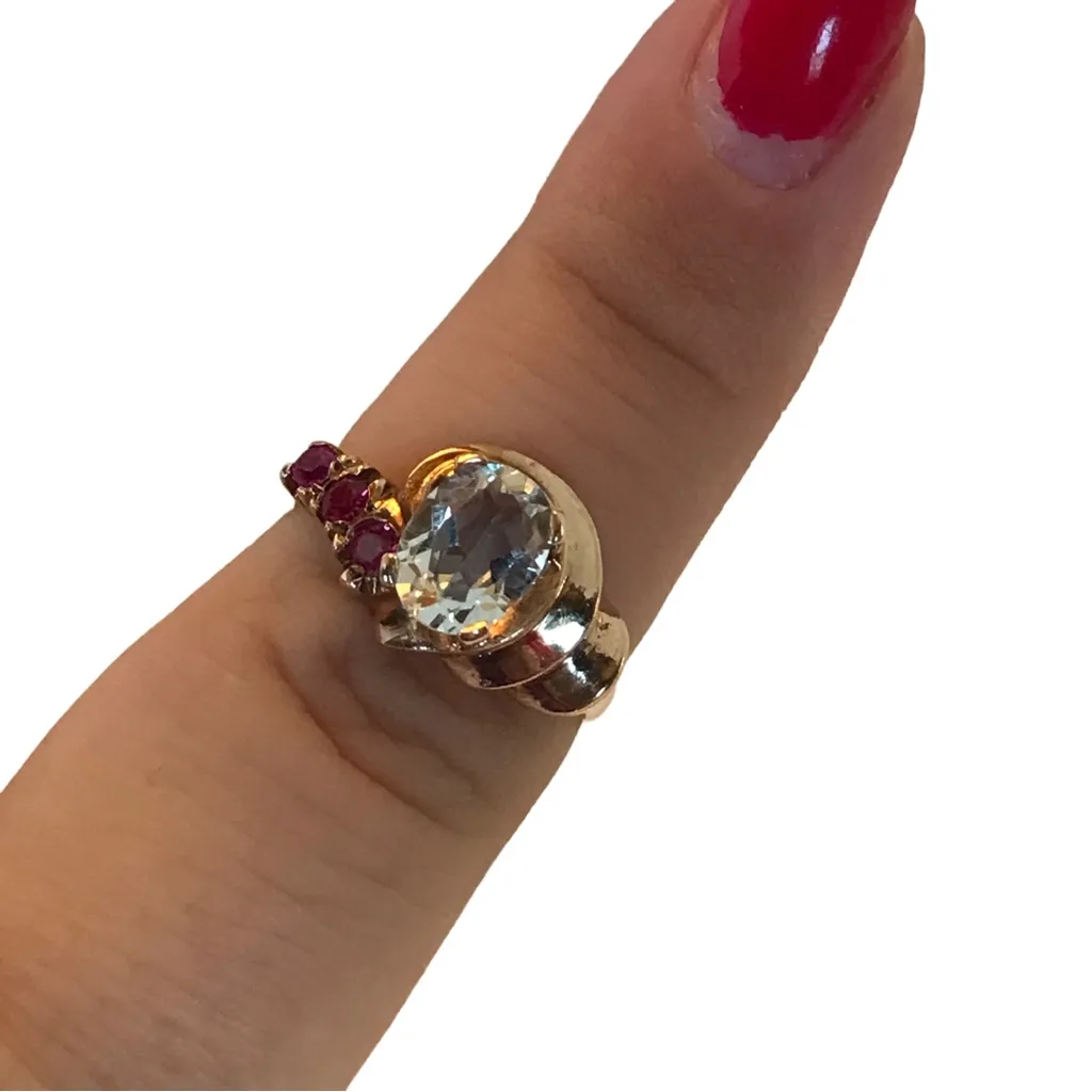 10K SOLID YELLOW GOLD AQUAMARINE AND RUBY RING (7.5) Blue - Image 4