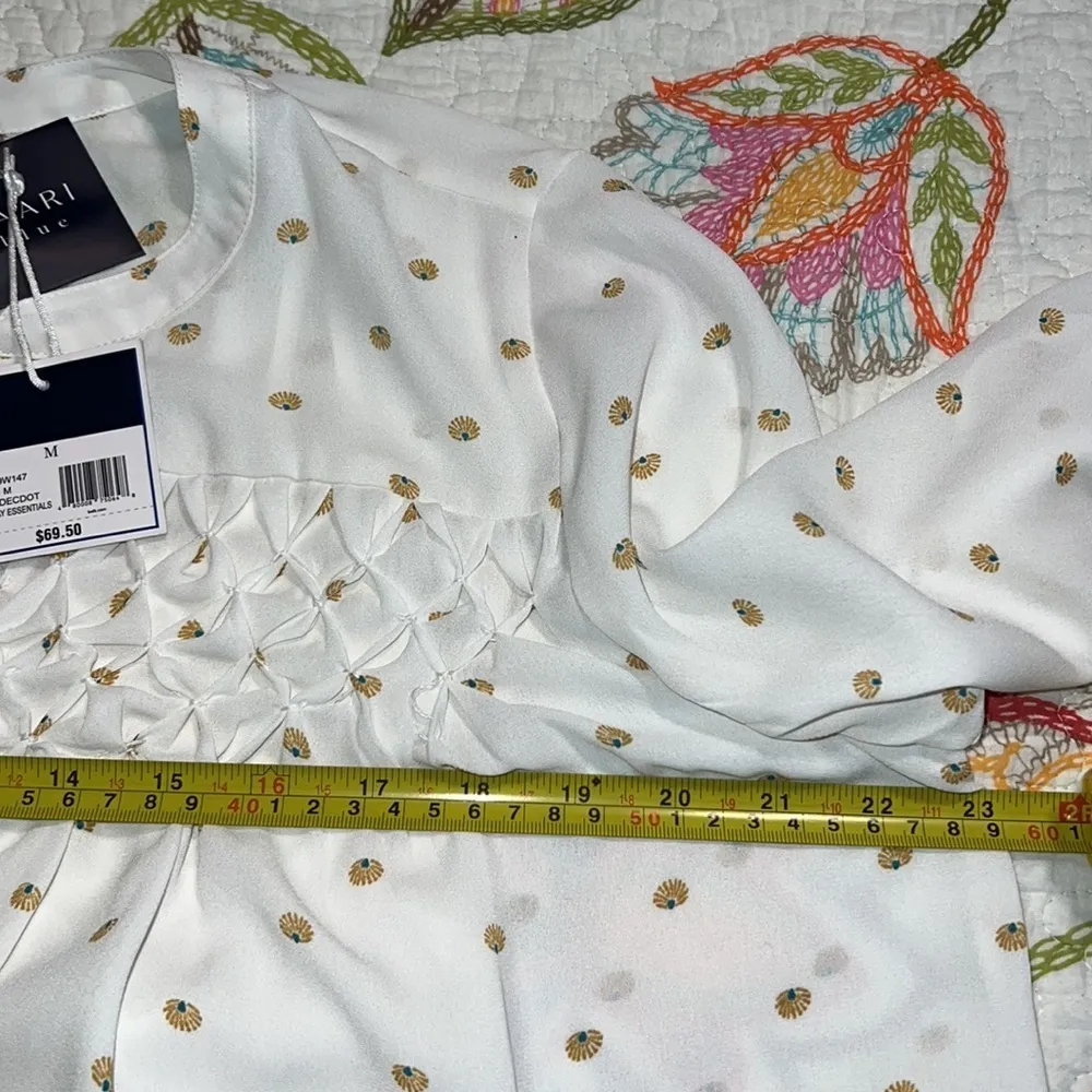 KAARI blue size medium women’s blouse ivory with decorative shell fan dot lined - Image 5