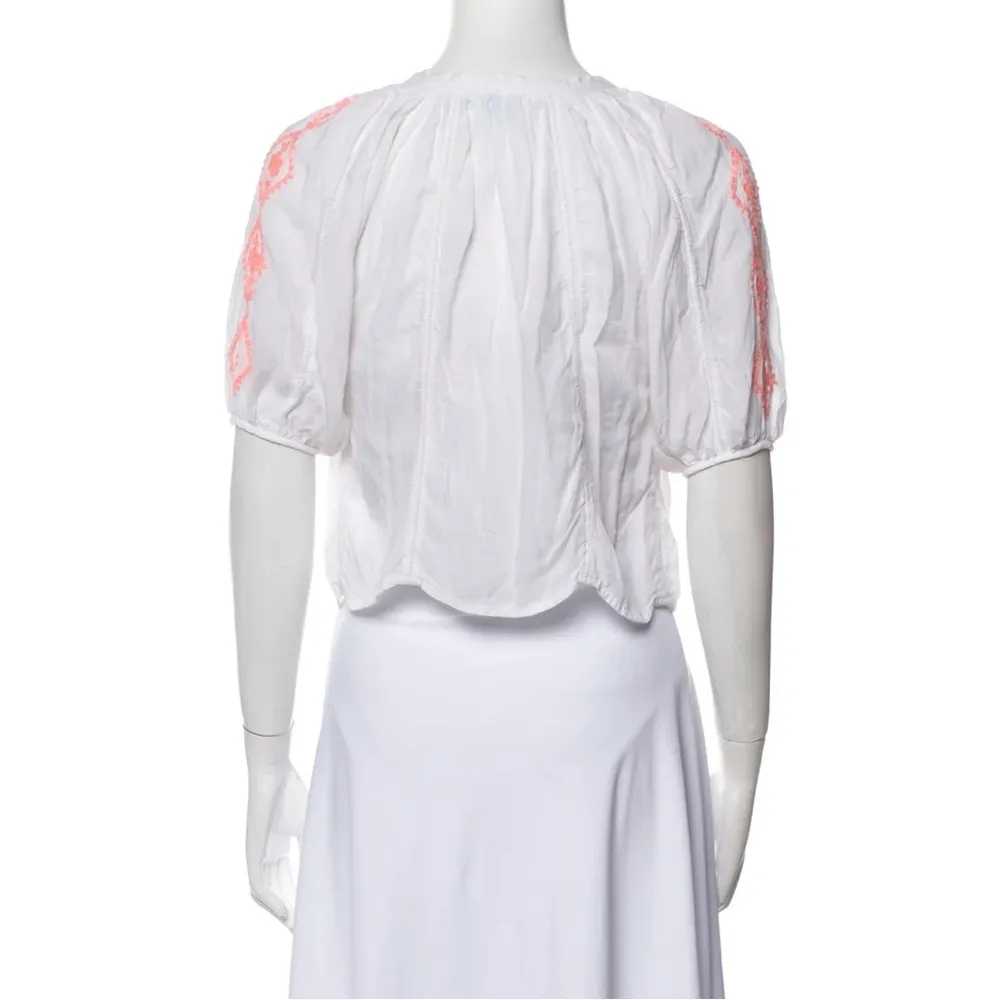 Melissa Odabash Embroidered Peasant Blouse Crop Top White Neon Coral Summery sz8 - Image 5