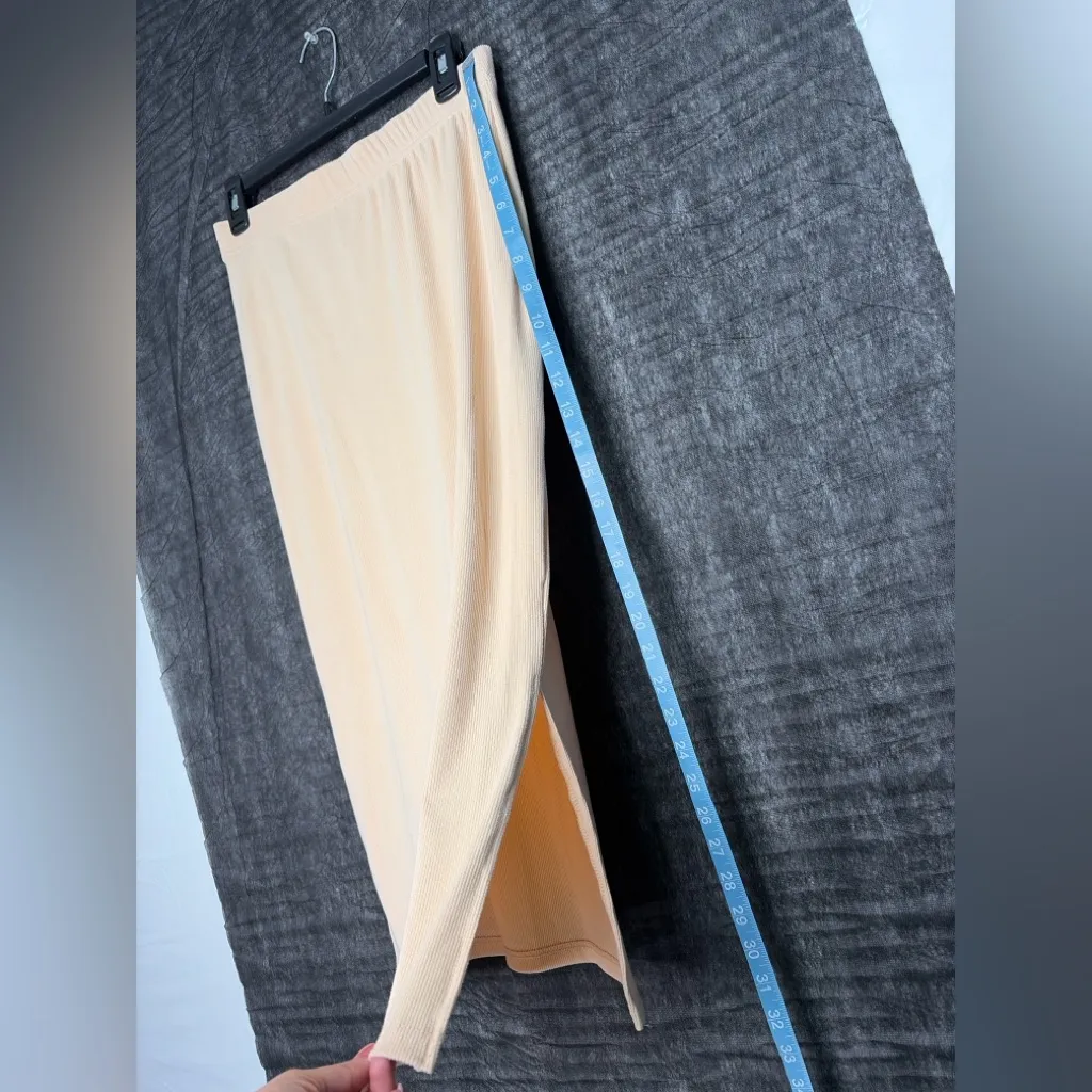 Real Essentials Ribbed Midi Skirt Women Medium Cream Stretch Pencil(A225) - Image 4