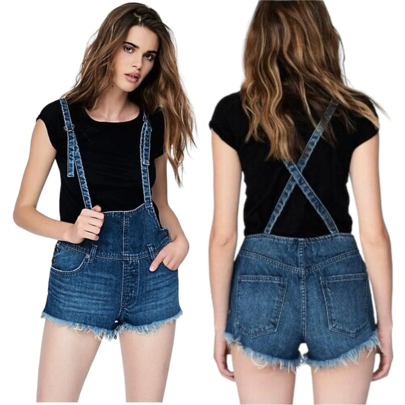 Free People Shorts Strappy Shortalls Ocean Blue Size 24 Pinafore Suspenders - Image 2