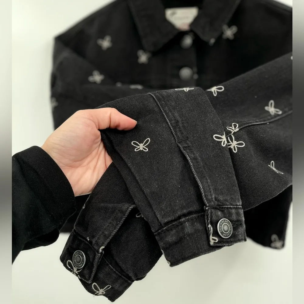 Stoosh Vintage Denim Butterfly Cropped Jean Jacket Black Size Small Button Front - Image 8