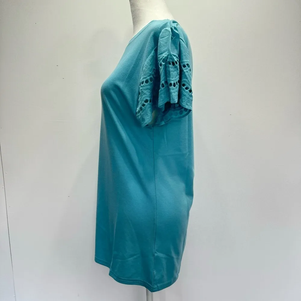 Jasmine Lace Top Teal Flutter Lace Cap Sleeve Knit Crewneck Top by Claudia G Size M - Image 3