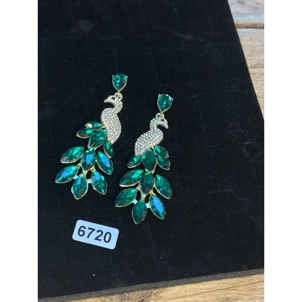 Peacock Crystal Drop Earrings With Green Gemstones - Image 4