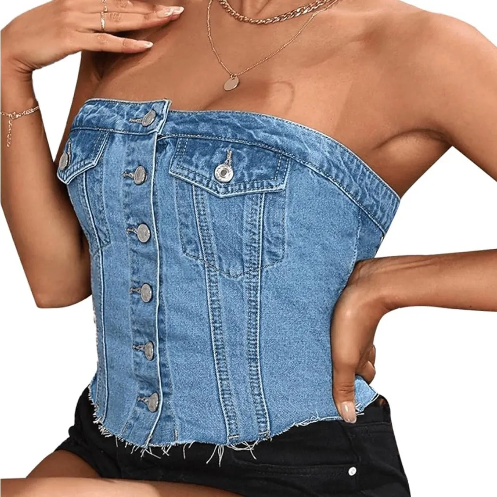 NWOT SweatyRocks Strapless Button-Up Denim Crop Top – Y2K Style, Size Small - Image 4