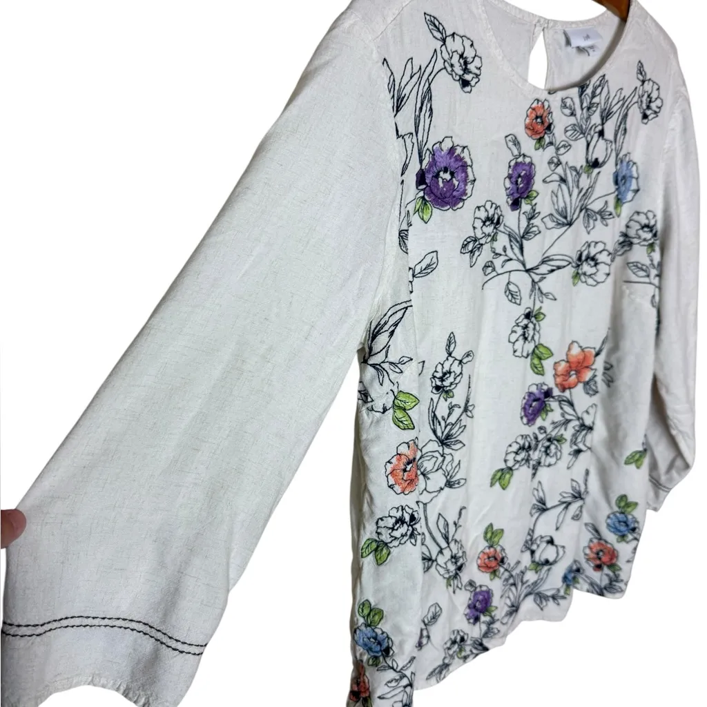 J. Jill Women’s Sz XL Embroidered Blouse Floral Flowers 3/4 Sleeve Linen Blend - Image 5