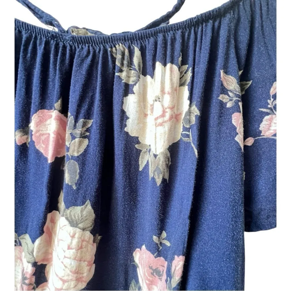 Heart & Hips floral blouse print navy pink off shoulder short sleeve flounce  S. - Image 2