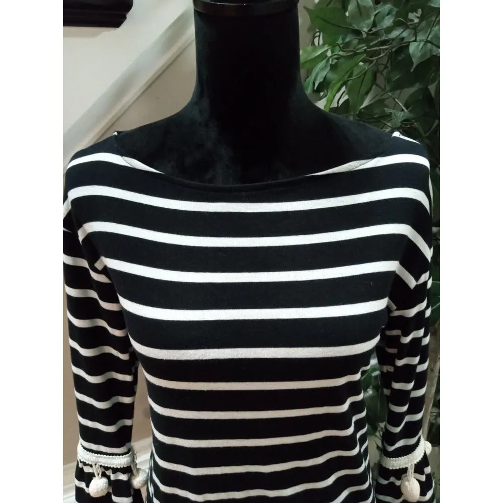 Cherish Women's Black White Striped Pom Ball Round Neck Long Sleeve Top Blouse L - Image 11
