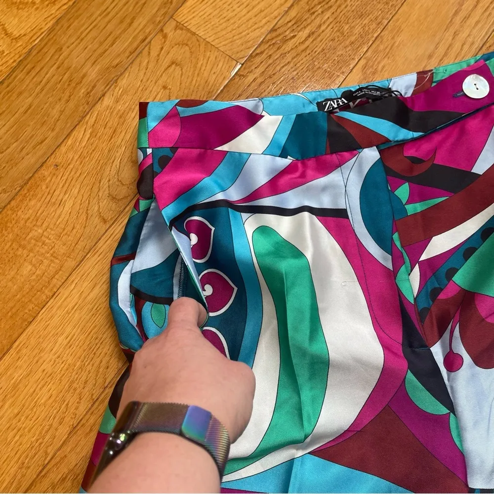 Zara satin effect multicoloured paisley  cropped culottes high waist pants Sz L - Image 11