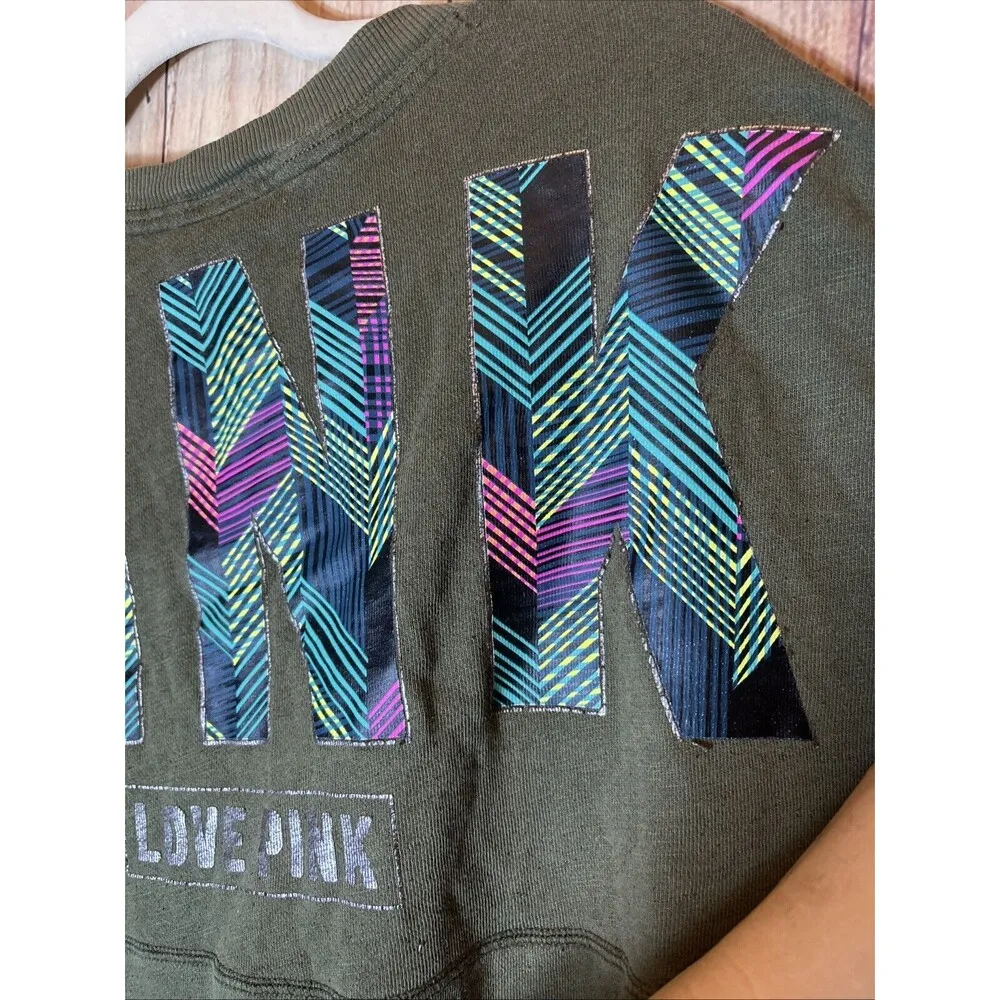 Pink Victoria's Secret Women's Olive Green Sweatshirt Size Medium Long Sleeve - Image 11