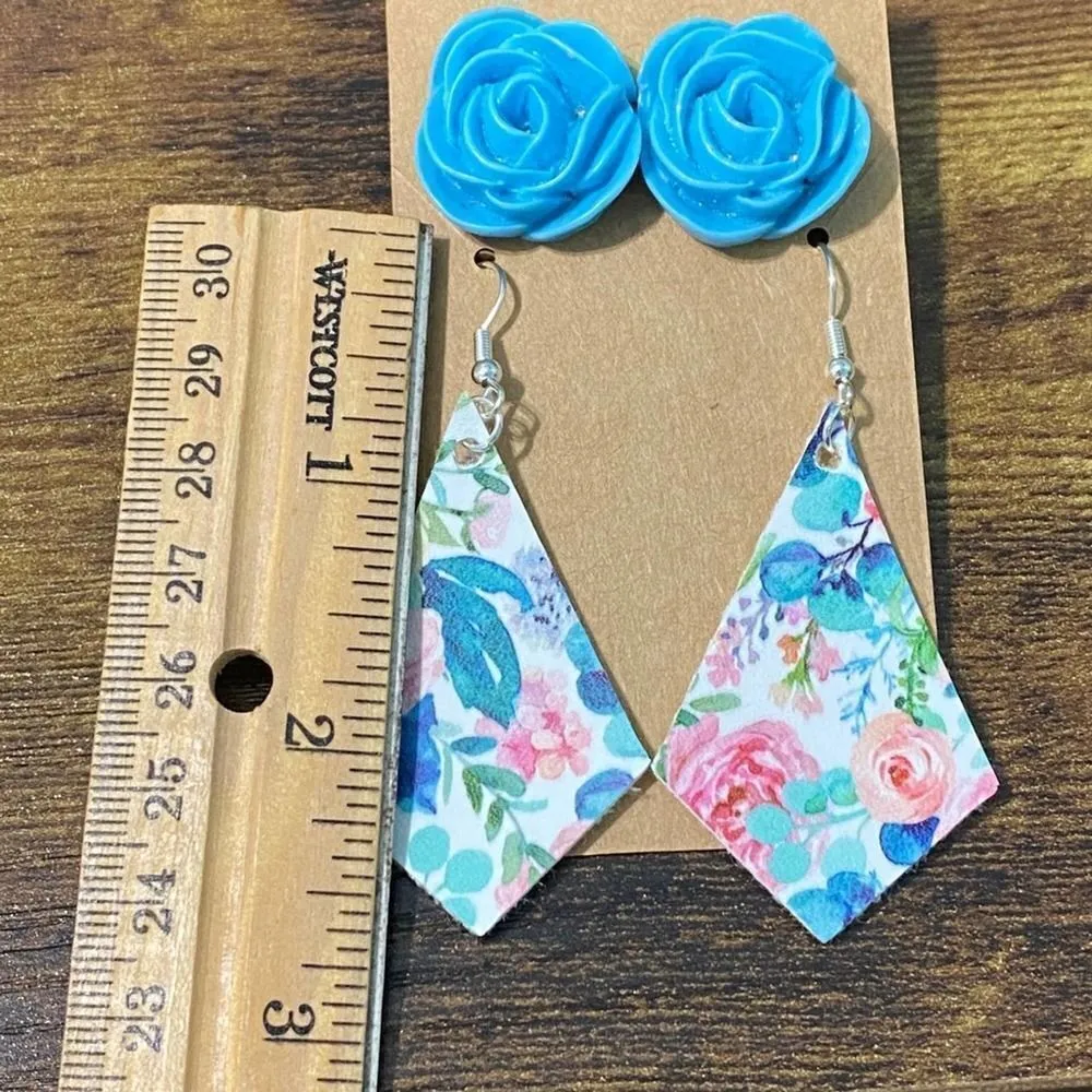 Statement Earring Set Bundle Rose Studs Floral Diamond Dangle Earrings Pink Blue Blue - Image 3