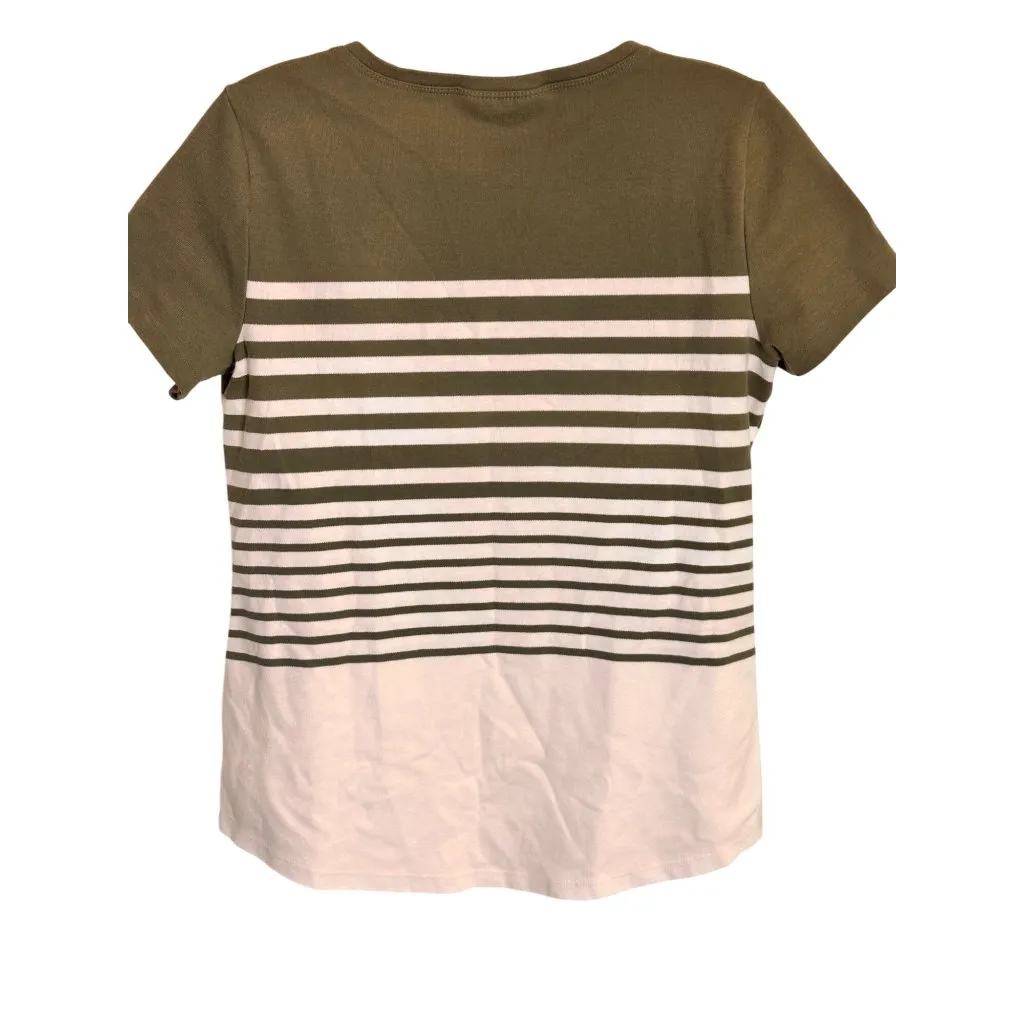 Karen Scott Sport Small Cotton Casual Sporty Olive & White Striped T-Shirt - Image 4