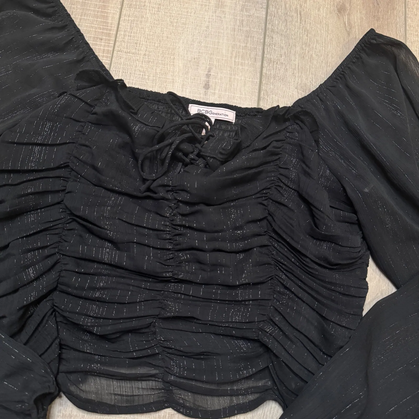 BCBGgeneration Black Silver Long Sleeve Crop Top - Image 3