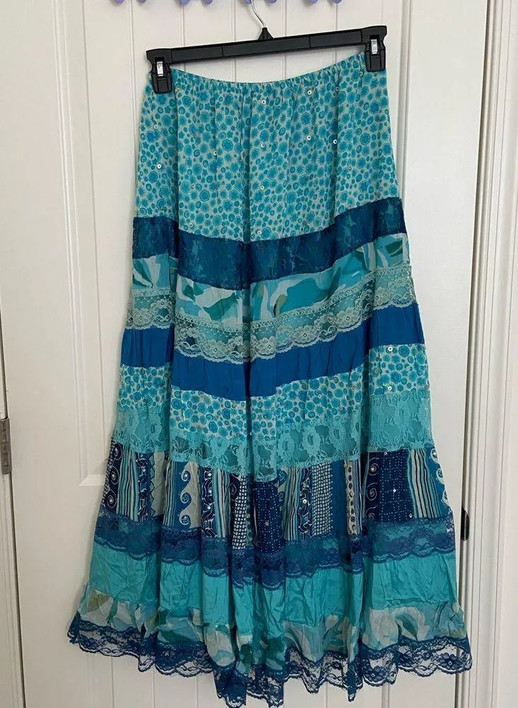 Vintage Paradise NY women’s blue sequin patterned lace maxi layered skirt small - Image 5