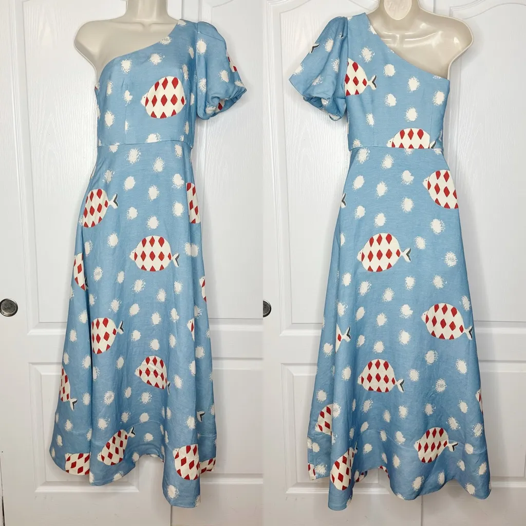 Hunter Bell Carmen One-Shoulder Linen Midi Dress Fish Print Size 0 NWT - Image 6