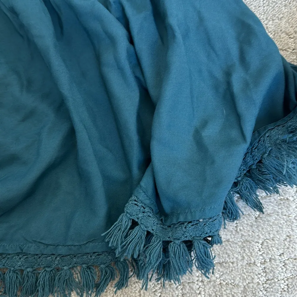 Anthro 100% viscose tie shoulder boho tassel tiered empire waist mini dress - Image 6