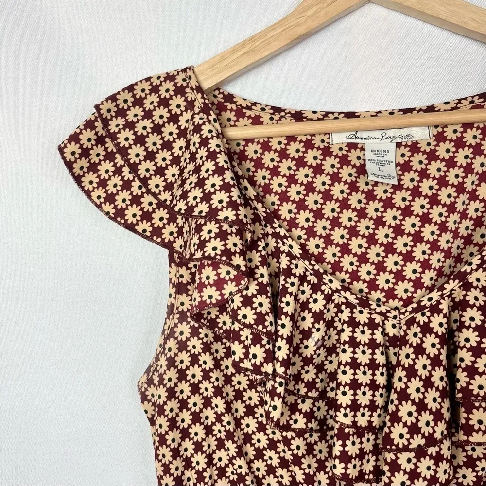 American Rag Red & Beige Floral Ruffle Neck Fit & Flare Mini Dress L - Image 3