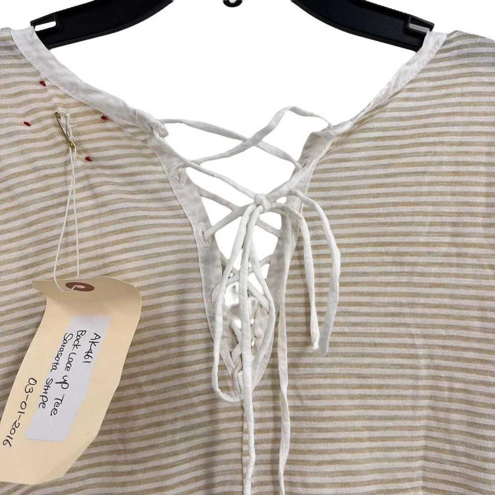 Anthropologie T.la Beige Stripe Short Sleeve Tee Lace Up Back Small New - Image 3