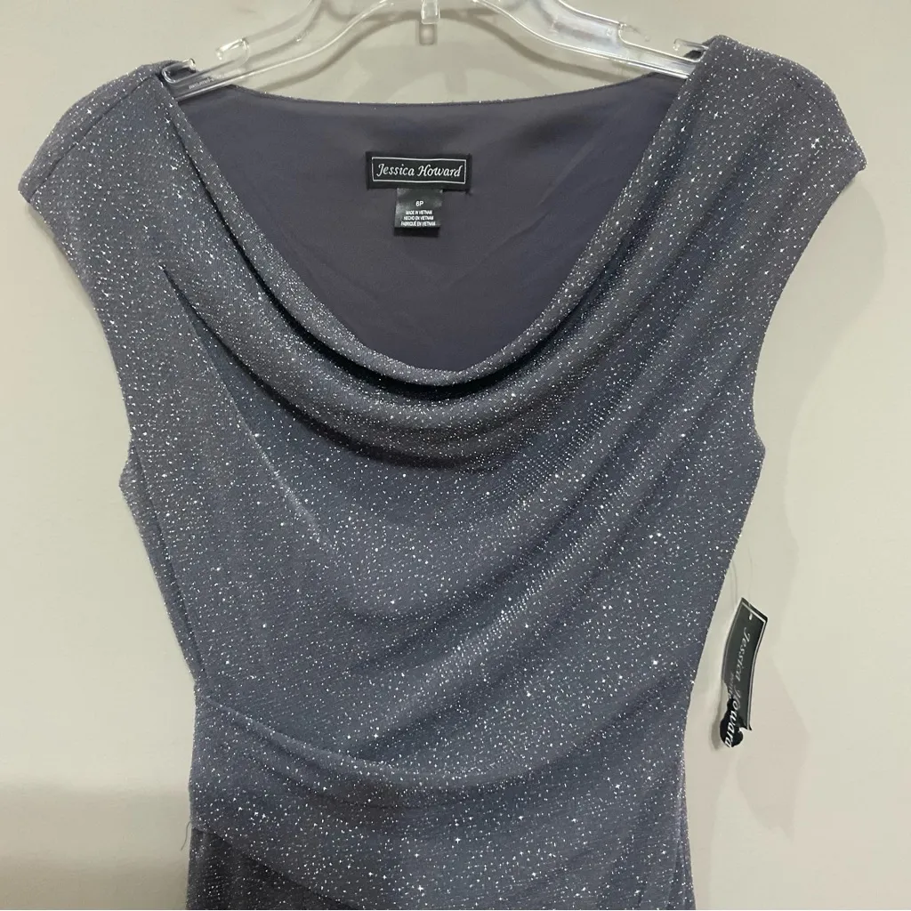 Metallic Glitter Cocktail Sheath Dress Sz 6P Evening Grey Silver - Image 3