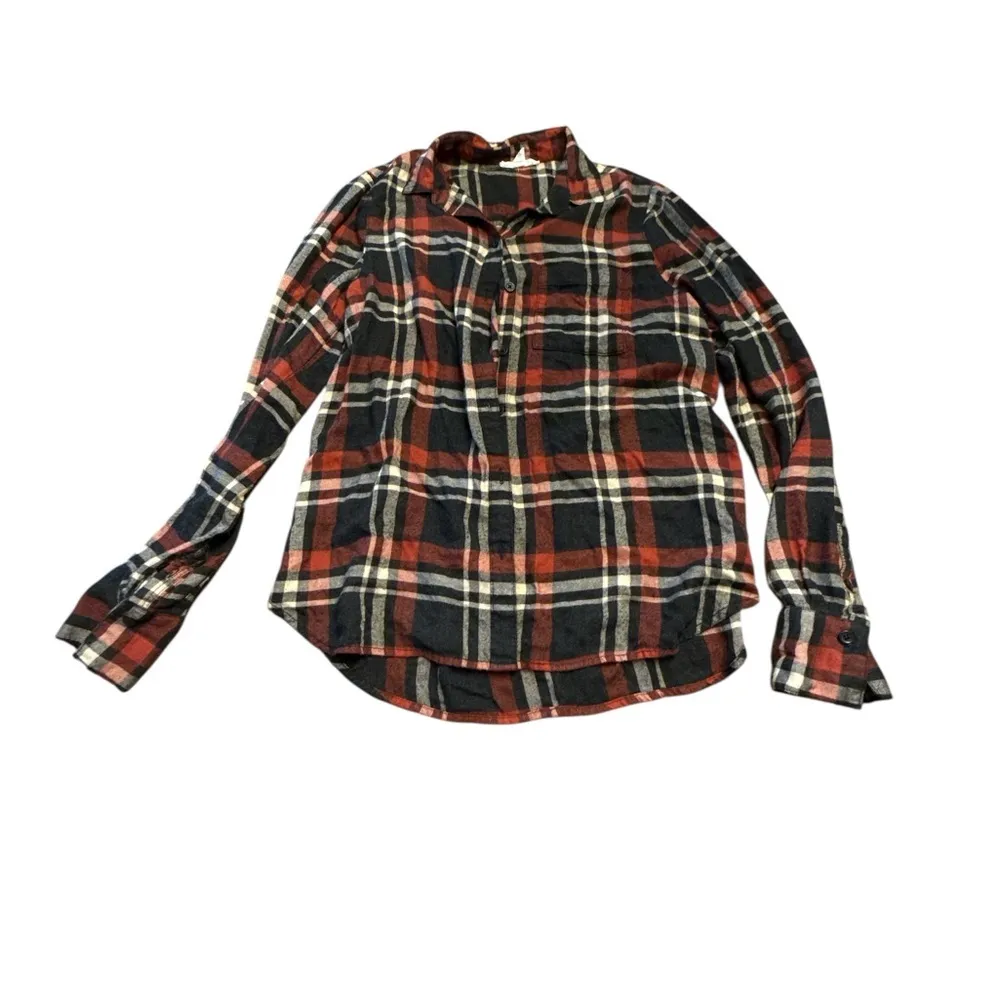 beachlunchlounge Orange & Black Plaid Button-Down Flannel Shirt - Image 3