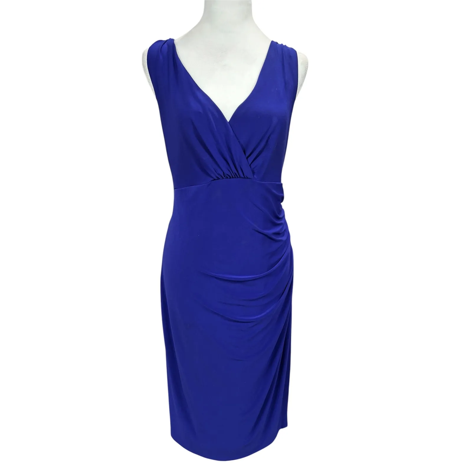 LAUREN Ralph Lauren CANNES BLUE Ruched Side Sleeveless Dress 14 Bodycon Cocktail - Image 2