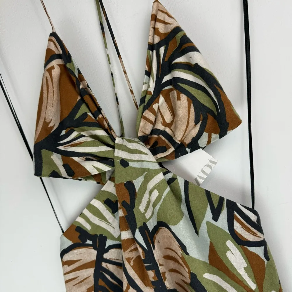 NWT Zara Cutout Mini Dress Sz Small Strappy Linen Palm Boho Print - Image 8
