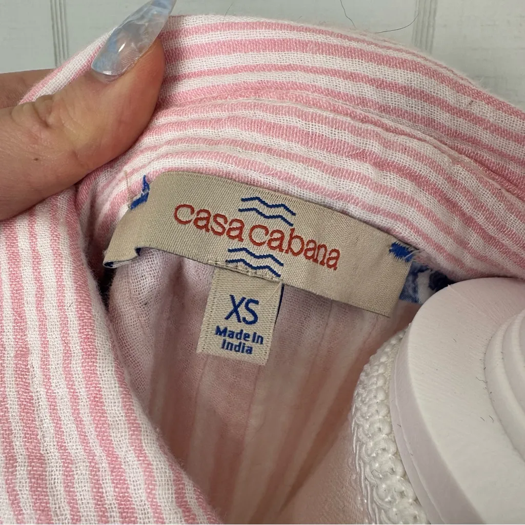 Casa Cabana Pink White Stripe Button Up Cotton Gauze Top Short Cuffed Sleeves XS - Image 4
