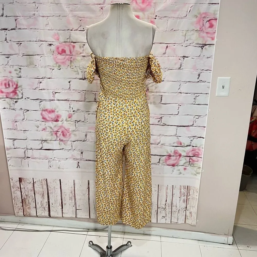 Faithfull the Brand Womens Floral Smocked Short Sleeve Yellow Crop Jumpsuit Sz 4 - Image 9