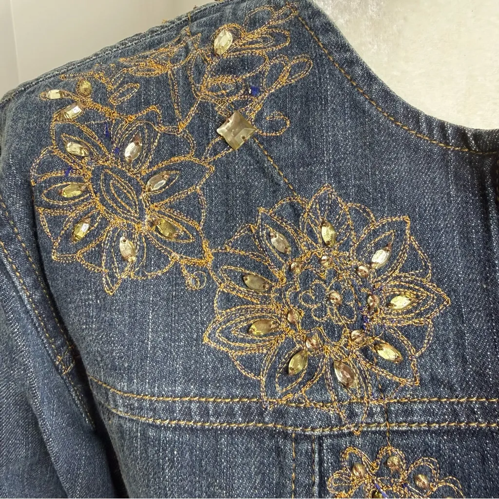 Chico's Chico’s Embroidered Sequin Open Front Jean Jacket Size 1 Chico (Med 8) Floral - Image 3
