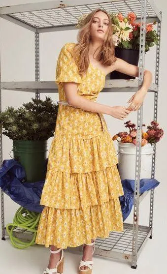 Veronica Beard Floral Maxi Dress Silk Blend One Shoulder Ruffle Yellow US 8 NWT - Image 1