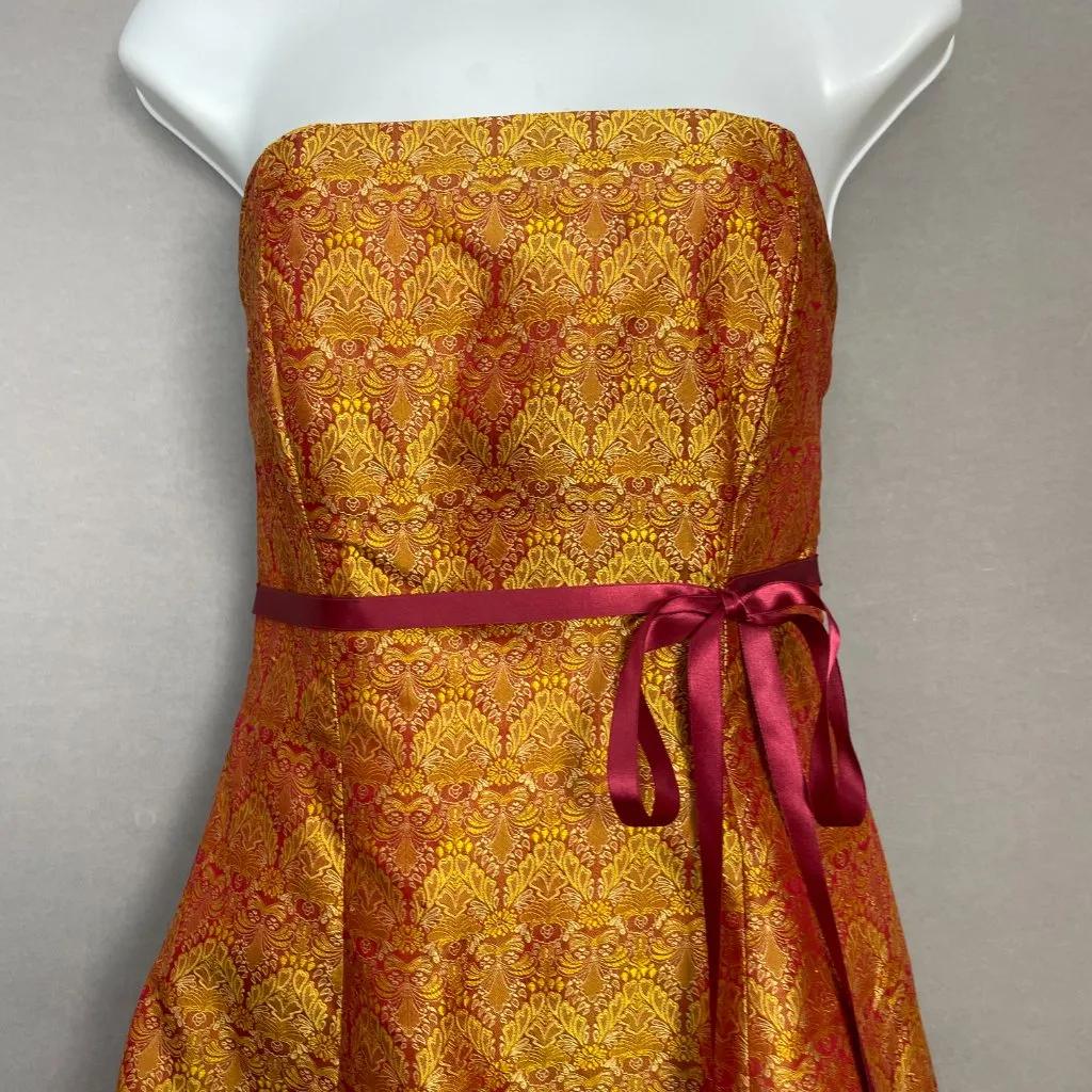 Vintage Y2K Strapless Dress Iridescent Red Gold Ribbon Bow Tie Belt Small A - Image 3