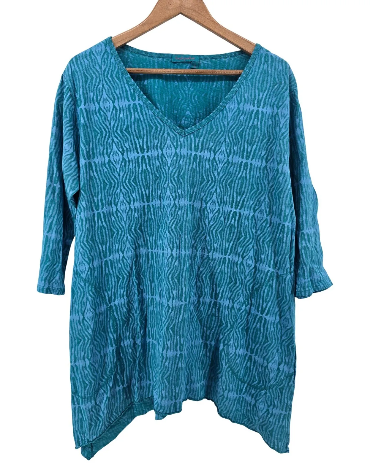 Fresh Produce Teal Blue Abstract Pattern V Neck 3/4 Sleeve Tunic Top Size Large - Image 1
