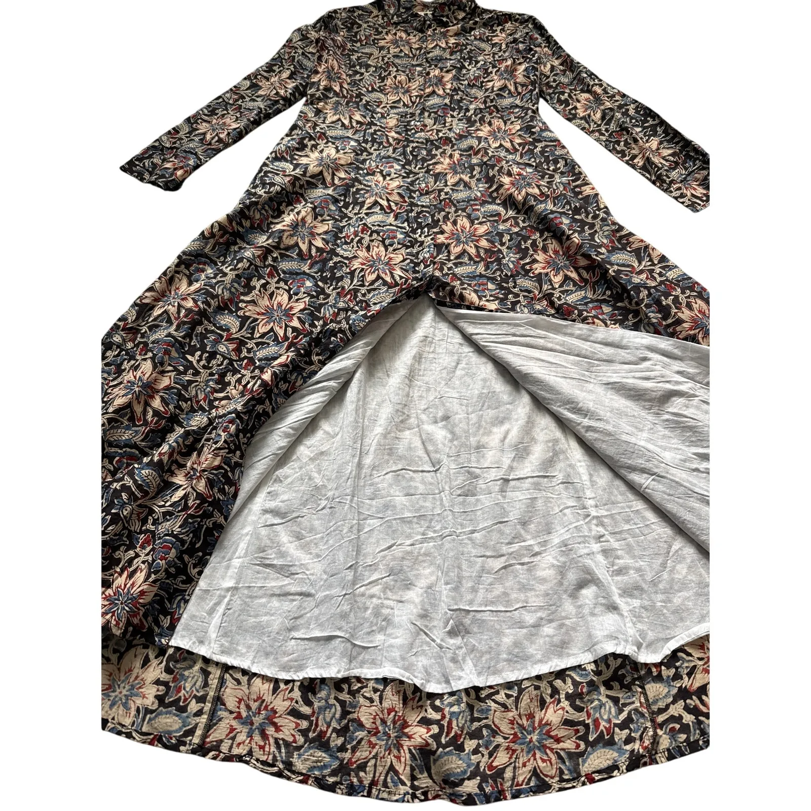 Livro Kurta Floral Print Button Up Flared Shirt Maxi Dress Pockets Size Small Black - Image 3