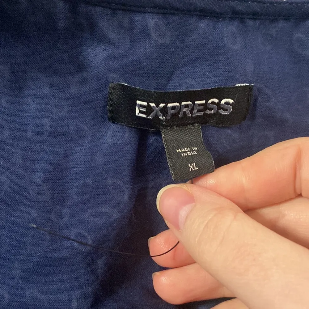 Express Printed navy and white Eyelet Lace Trim Faux Wrap Dress no belt size XL - Image 13