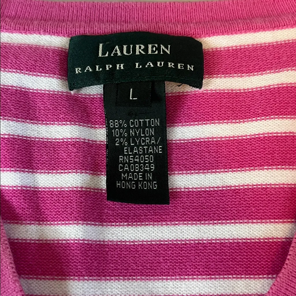 Lauren Ralph Lauren VNeck Striped Lightweight Sweater Pink/White Size Large - Image 5