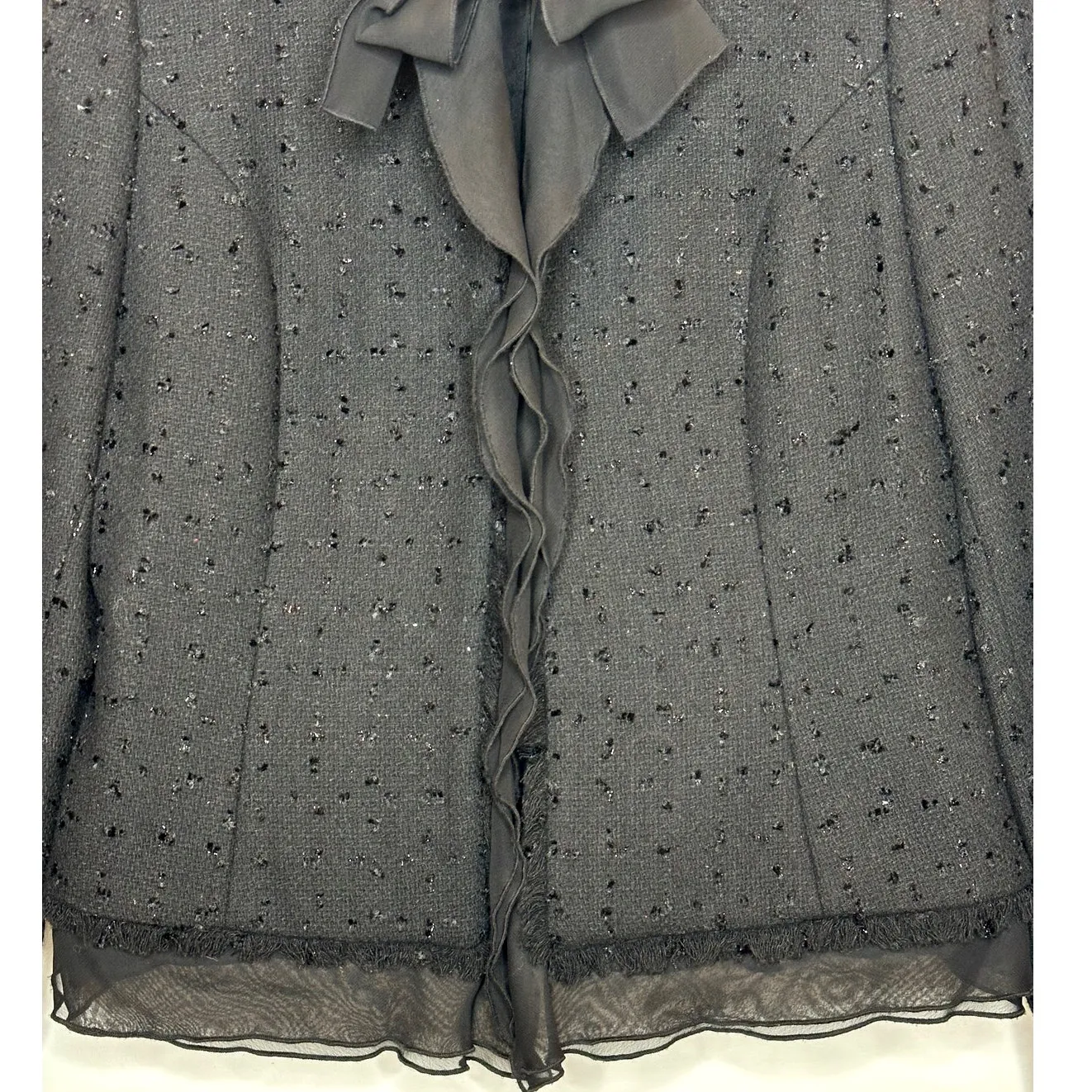 Perry Ellis women's black silver tweed boucle jacket sheer bow & trim size 8 - Image 4