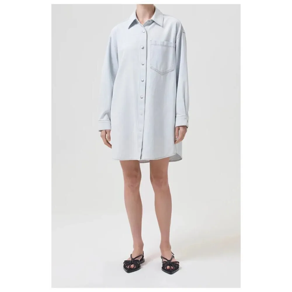 AGOLDE Mazie Long Sleeve Nonstretch Denim Shirtdress in Wash Vague Size Medium - Image 2