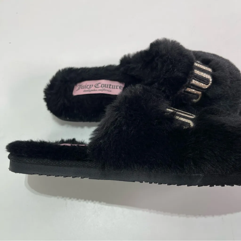 Juicy Couture Women Cozy Black Gold Logo Faux Fur Slip On Slippers S 5-6 - Image 3