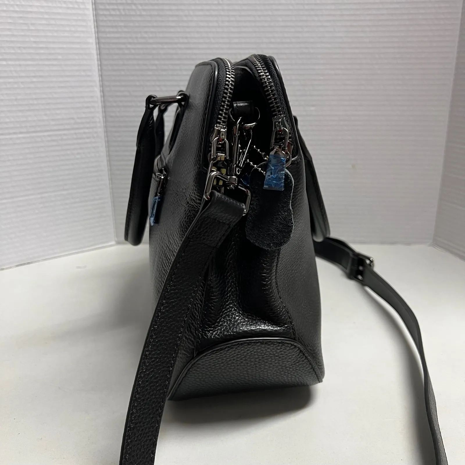 HESHE Women's Pebble Leather Shoulder Tote Bag Black 12X4.5X10 Silver Hardware - Image 9